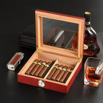 Humidor de Voyage en Bois de Cèdre : Boîte à Cigares avec Hygromètre et Humidificateur, Couvercle en Verre pour 20-30 Cigares