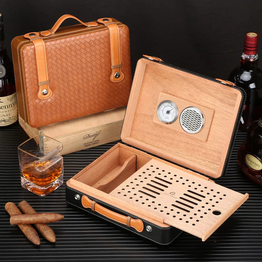 Humidor de Luxe en Cuir : Grande Boîte de Rangement pour Cigares avec Doublure en Bois de Cèdre, Hygromètre et Humidificateur Intégrés