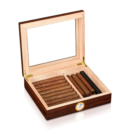 Humidor en Bois de Cèdre Espagnol : Boîte à Cigares avec Hygromètre et Humidificateur Transparent