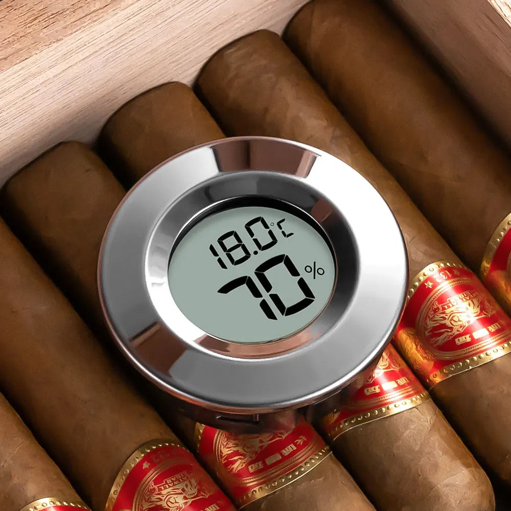 Hygromètre et Thermomètre 2 en 1 pour Cigares : Gadget Miniature avec Affichage Numérique Rond