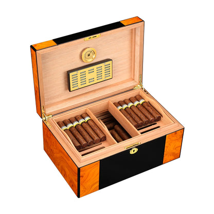 Humidor Grande Capacité en Bois de Cèdre : Boîte à Cigares avec Finition Brillante Type Piano, Hygromètre et Humidificateur Intégrés