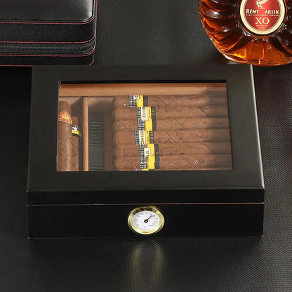 Humidor de Voyage en Bois de Cèdre : Boîte à Cigares avec Hygromètre et Humidificateur, Couvercle en Verre pour 20-30 Cigares