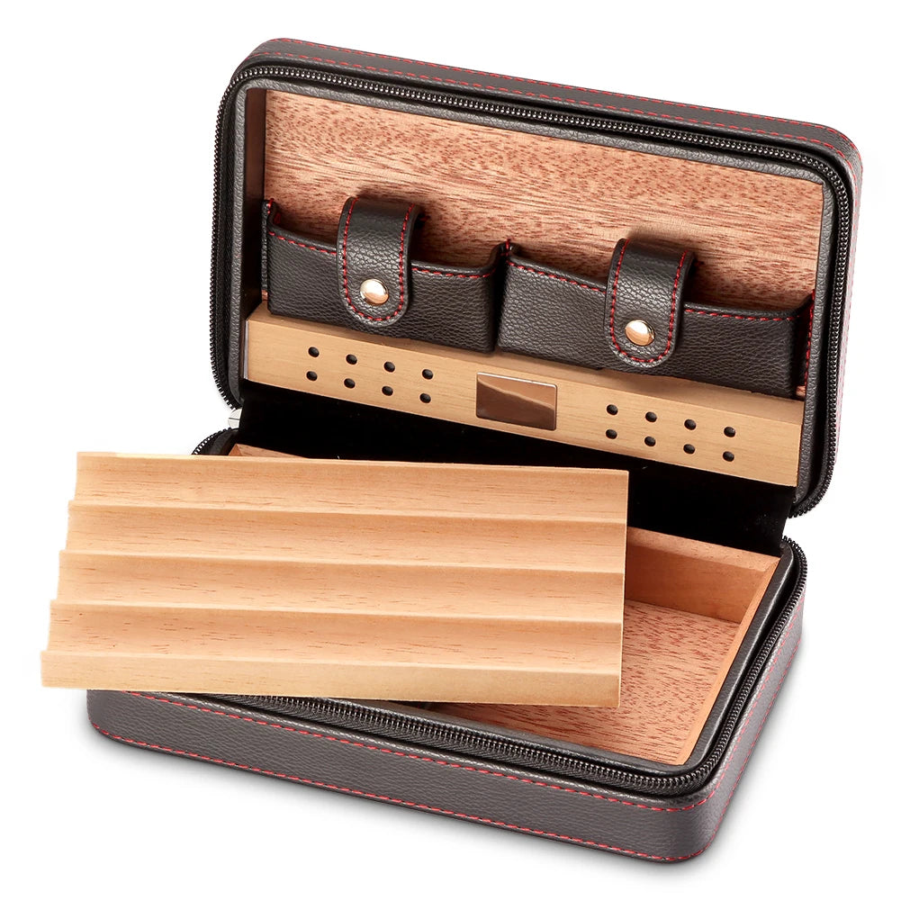 Humidor en Bois de Cèdre : Étui à Cigares en Cuir de Voyage avec Humidificateur, Avec/Sans Briquet et Coupe-Cigare