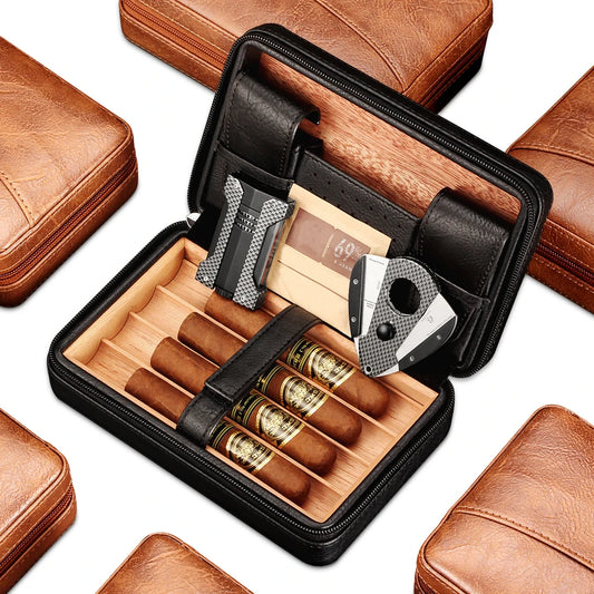 Humidor de Voyage en Cuir avec Fibre de Carbone : Ensemble Portable avec Briquet, Coupe-Cigare et Boîte en Cèdre