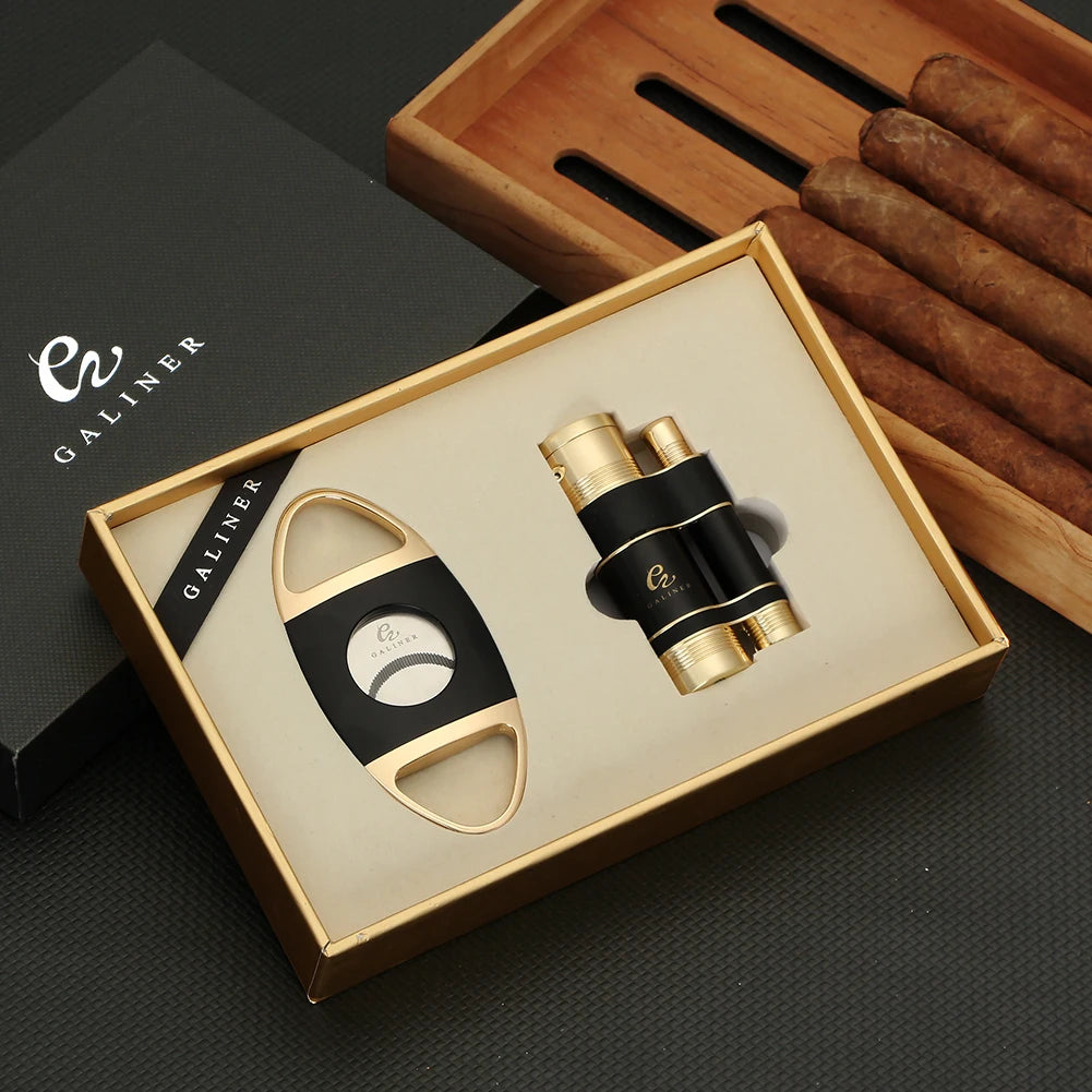 GALINER Cigar Set Torch Lighter Windproof Butane Gas With Metal Drill Punch Cigar Cutter Guillotine Pocket 3 Jet Cigar Lighters