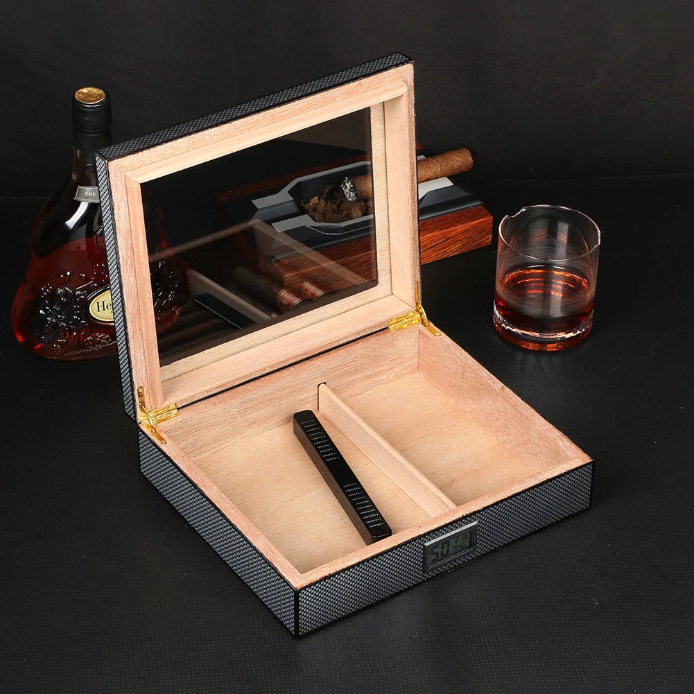 Humidor en Bois de Cèdre Espagnol : Boîte à Cigares avec Hygromètre et Humidificateur Transparent