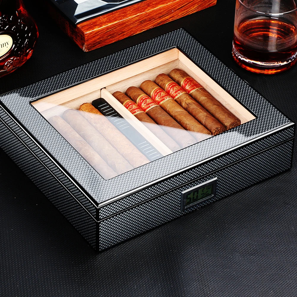 Humidor en Bois de Cèdre Espagnol : Boîte à Cigares avec Hygromètre et Humidificateur Transparent