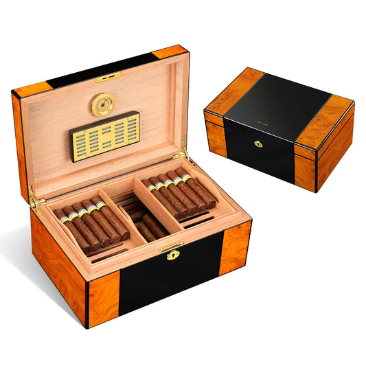 Humidor Grande Capacité en Bois de Cèdre : Boîte à Cigares avec Finition Brillante Type Piano, Hygromètre et Humidificateur Intégrés