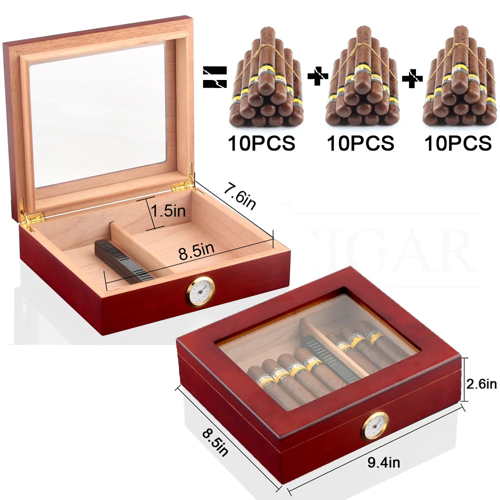 Humidor de Voyage en Bois de Cèdre : Boîte à Cigares avec Hygromètre et Humidificateur, Couvercle en Verre pour 20-30 Cigares